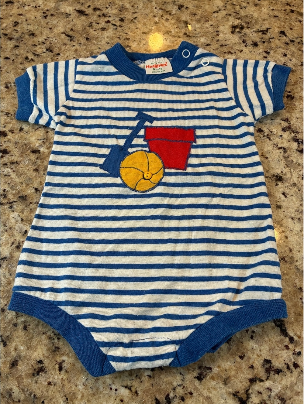 Vintage Health-tex striped baby romper with wagon applique